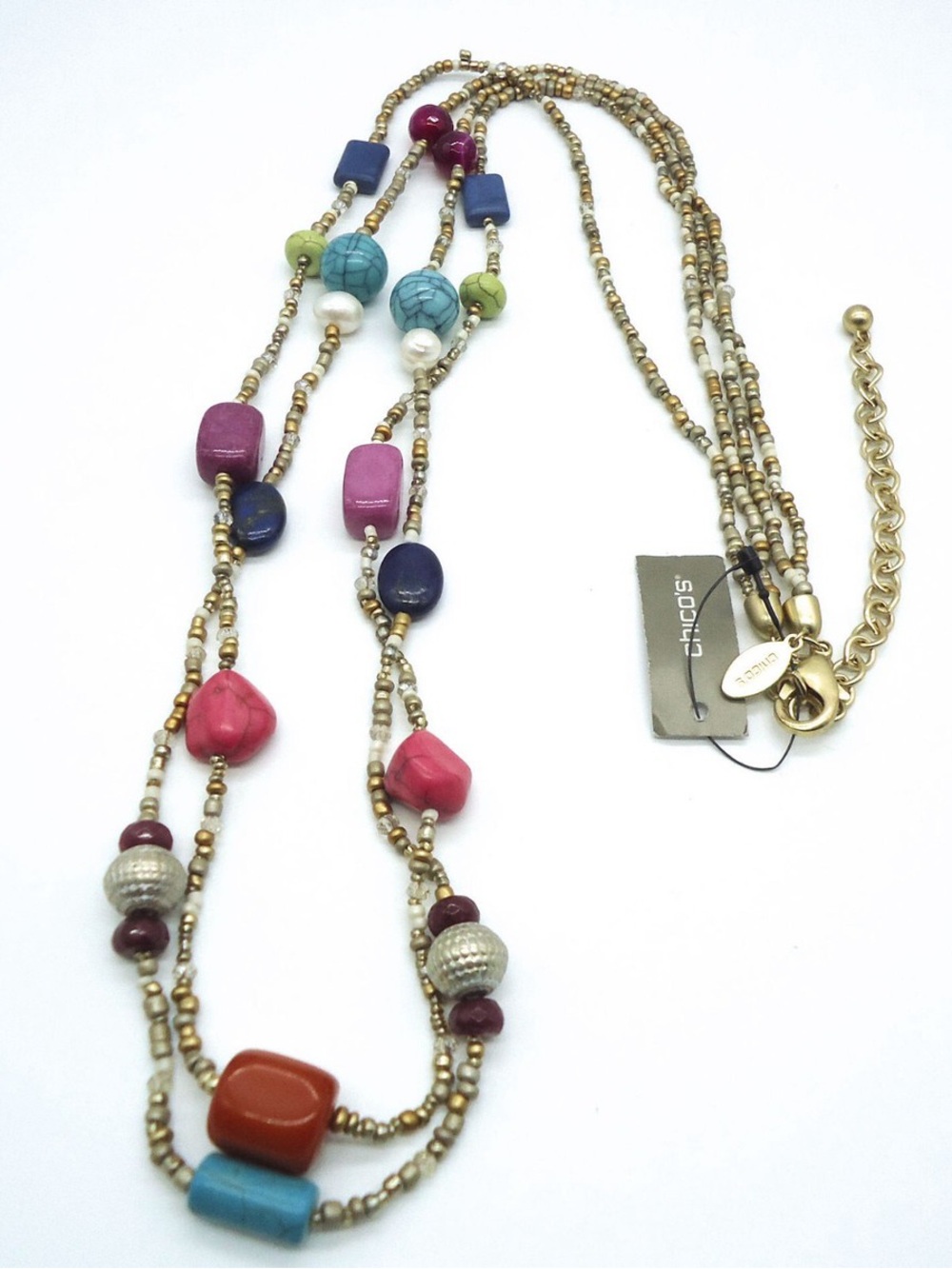 Chico's Multicolor Beaded Layered Necklace with Gold Accents